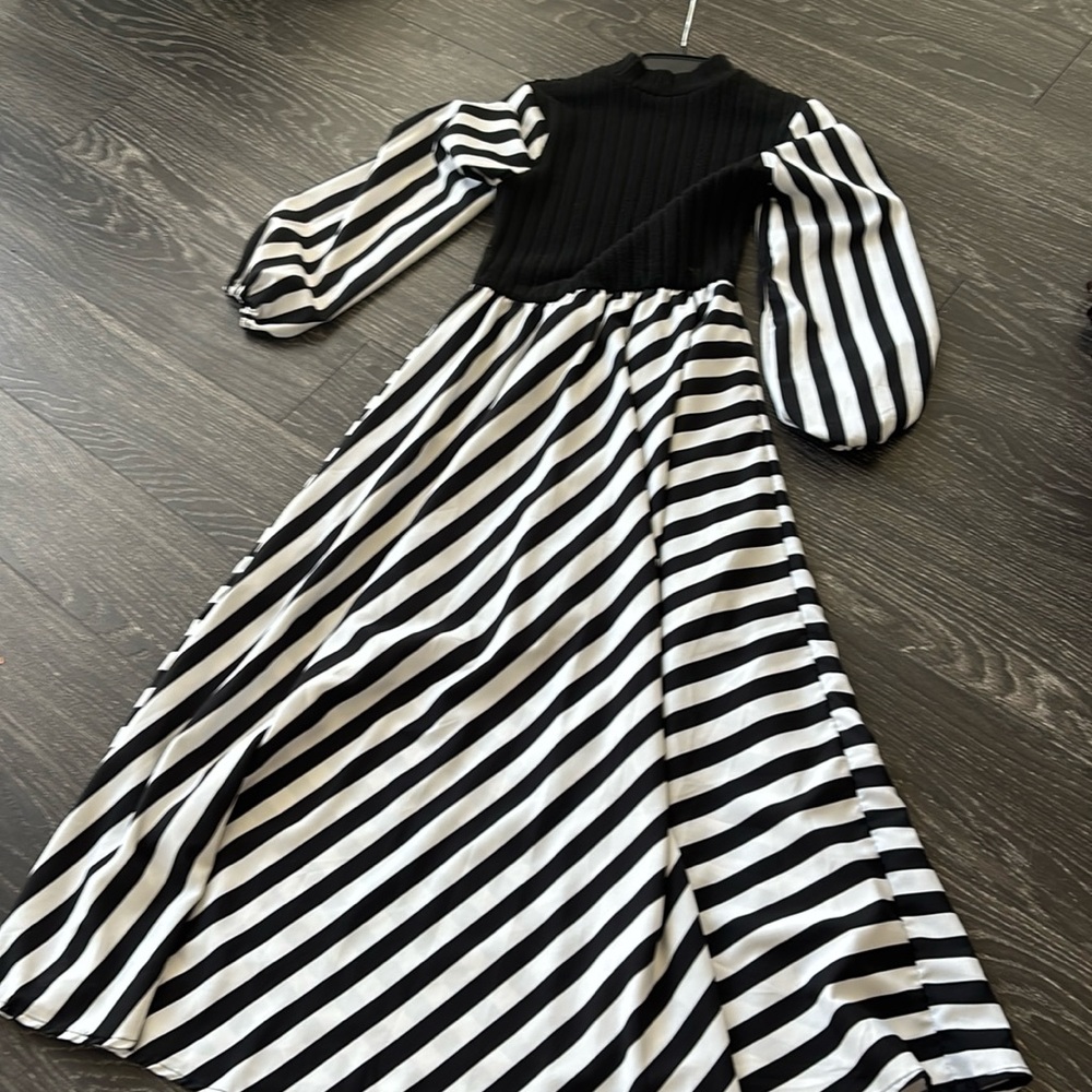 SHEIN black and white midi length, striped A-line dress with built in black slip